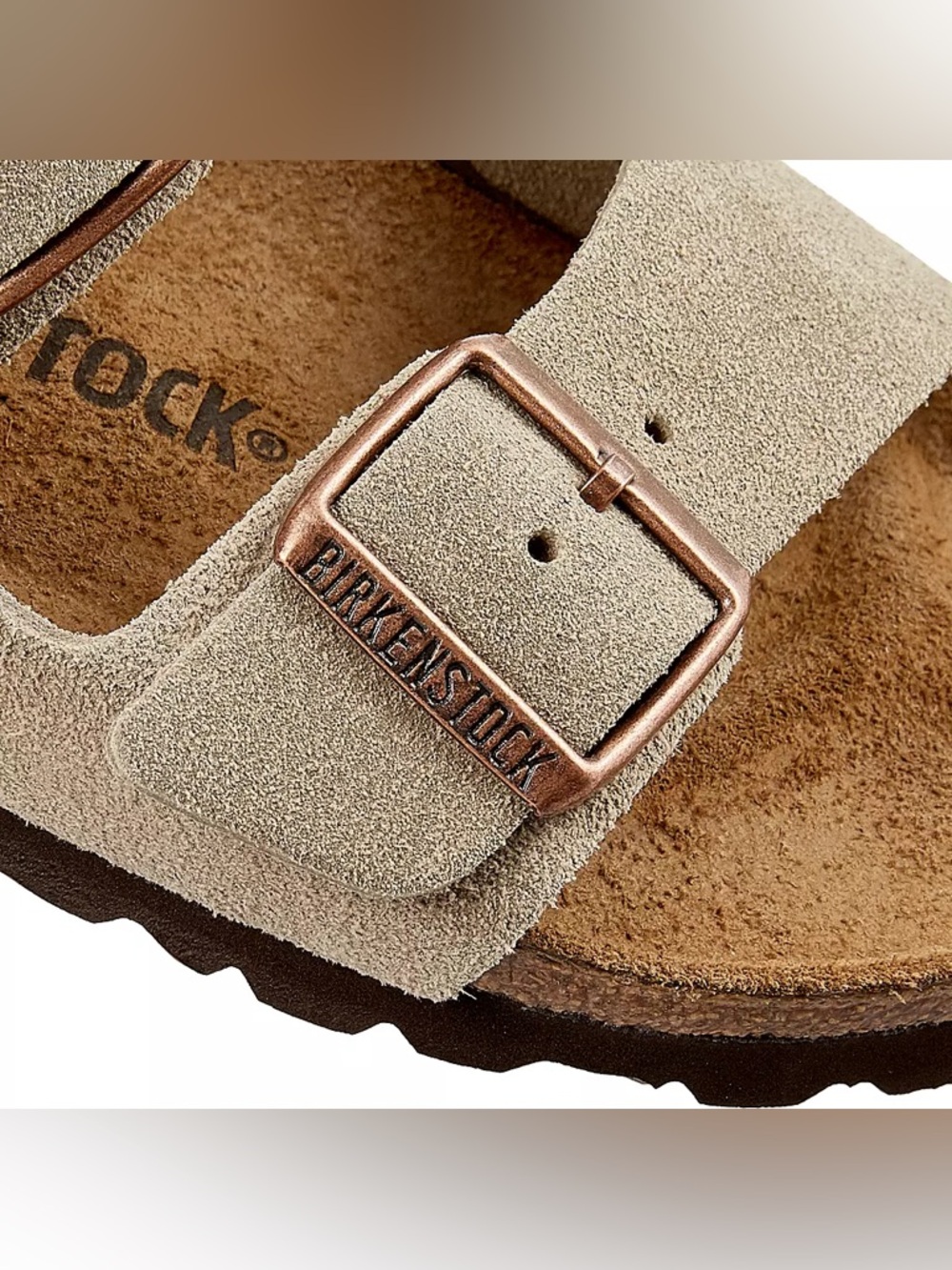 MAKE AN OFFER BIRKENSTOCK Arizona Taupe Suede Double-Buckle Slide Cork Sandals - Picture 5 of 11